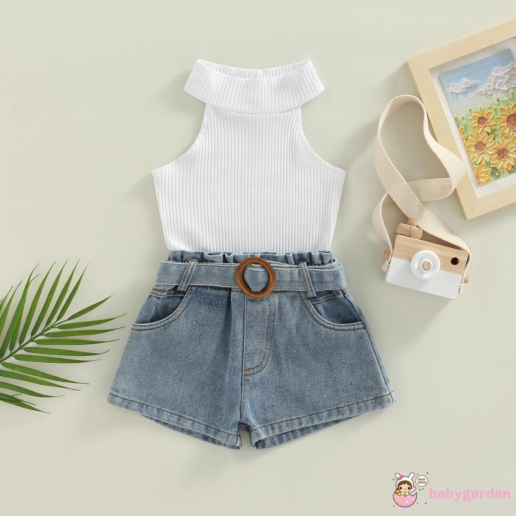 Bộ Áo Sát Nách Cổ Cao + Quần Short Denim Lưng Cao Kèm Thắt Lưng Thời Trang Mùa Hè Cho Bé Gái 1-6 Tuổi