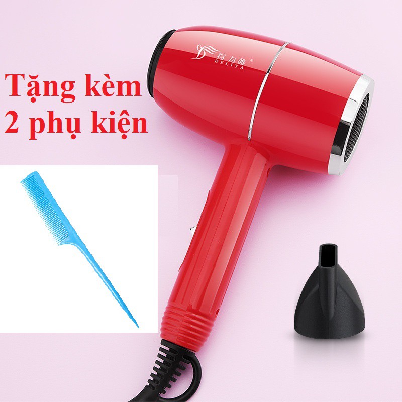 Máy sấy tóc gia đình Deliya 8016 công suất cao kiểu dáng đẹp màu trắng và đỏ búa mini, tặng kèm bộ phụ kiện 2 chi tiết