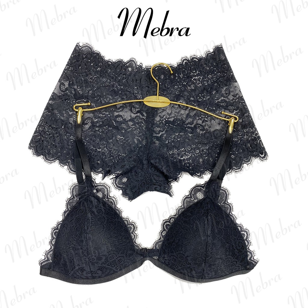 Bộ đồ lót ren lông mi bralette boxer họa tiết sang trọng màu đen thương hiệu Mebra _ MB011