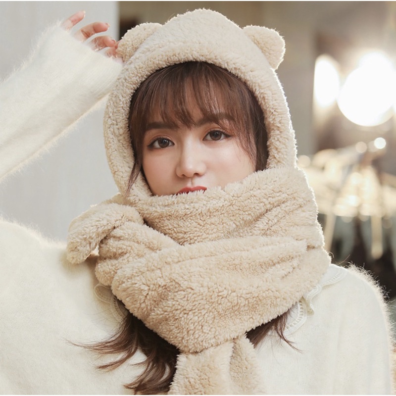 Mũ lông cừu nữ hình gấu kèm khăn quàng cổ đáng yêu siêu ấm