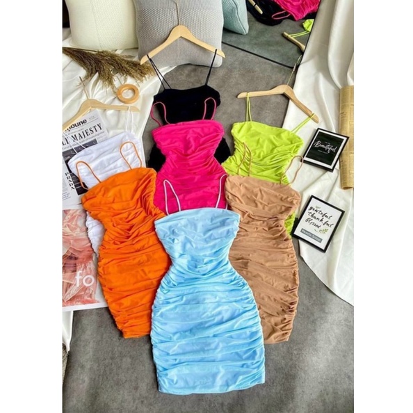 Đầm hai dây body nhúm sườn trơn cực xinh , chất thun bozip mềm mịn co giãn