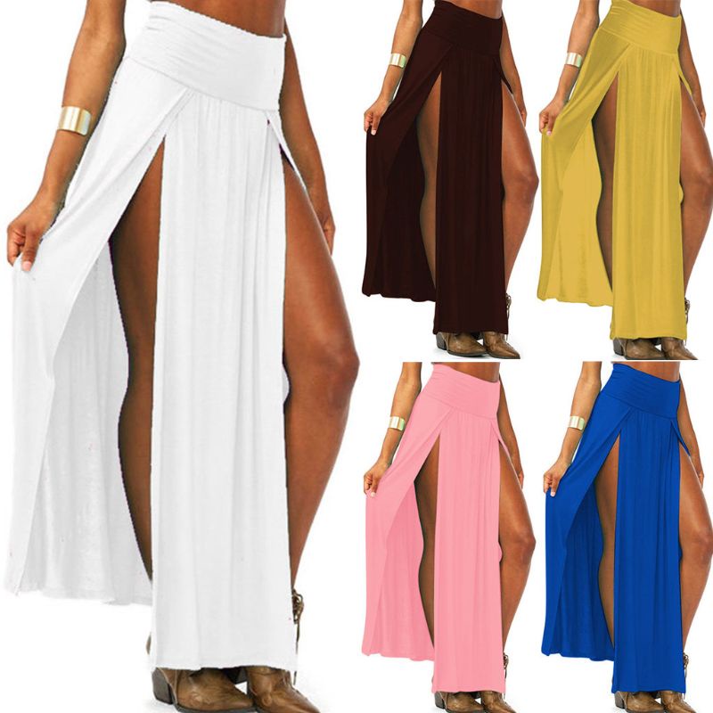 Chân Váy Maxi Dài Dệt Kim Xẻ Tà Trước Lưng Cao Màu Sắc Đơn Giản Quyến Rũ Cho Nữ