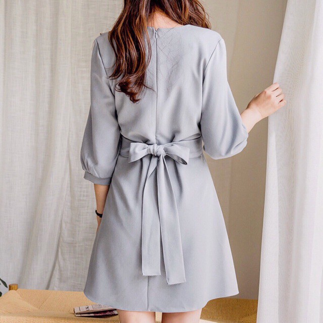 Váy Đầm Maxi xám cổ U thắt nơ Neppy Fashion