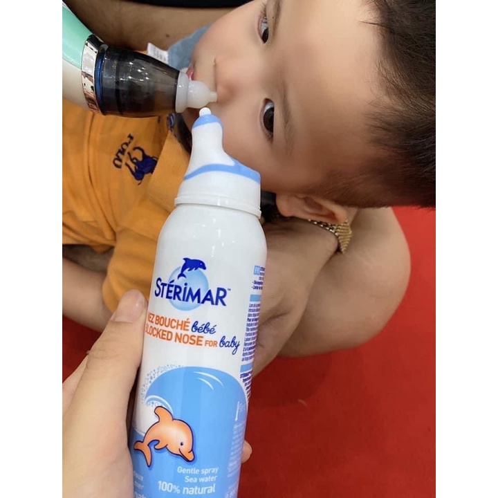 Xịt mũi nước muối biển. Xịt mũi cá heo Sterimar  - giúp làm sạch, hết nghẹt mũi cho trẻ sơ sinh