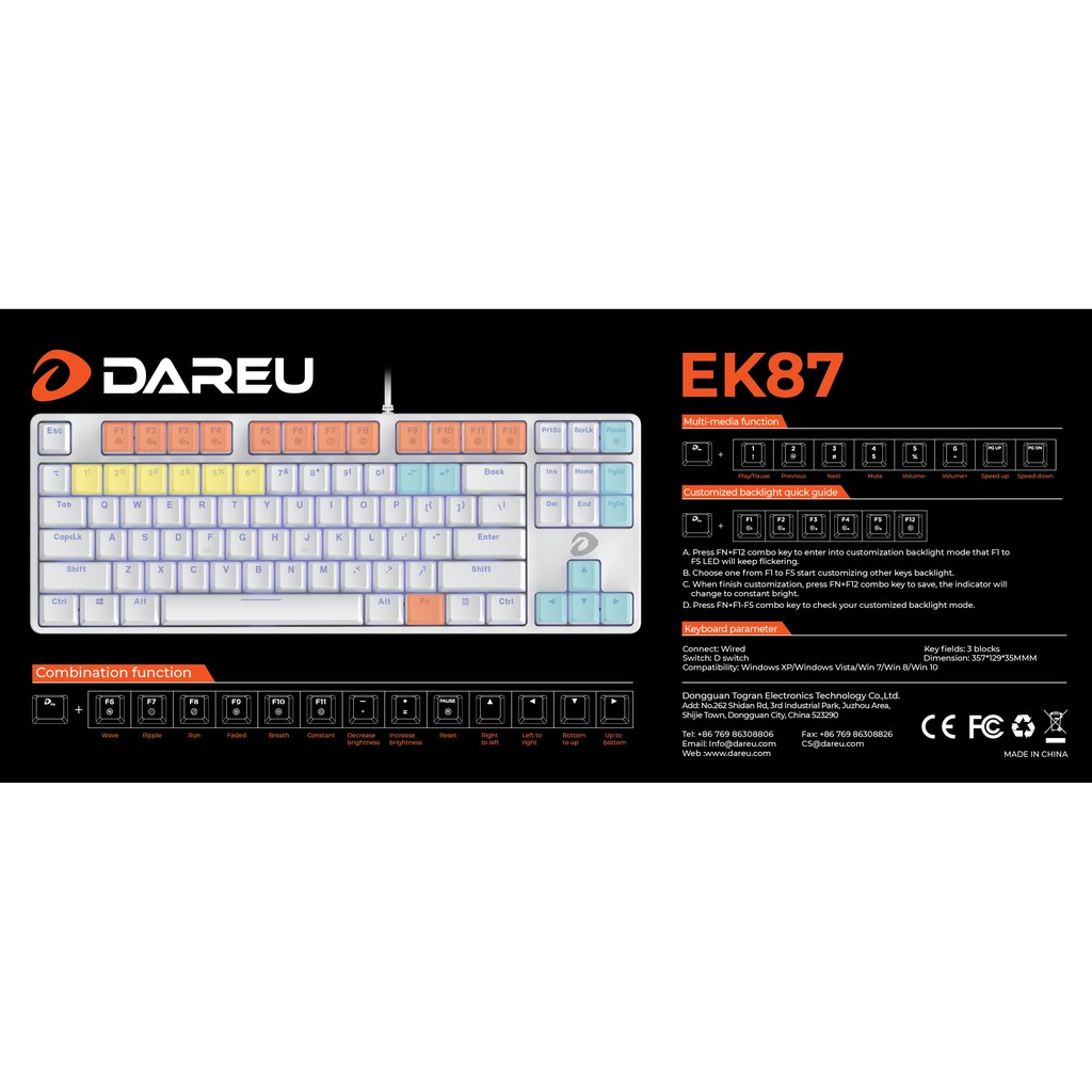 Bàn phím cơ Gaming DareU EK87 WHITE/ 87 KEYS/ Màu trắng/ ICE-BLUE LED (Blue/ Brown/ Red D switch) - BH 2 năm