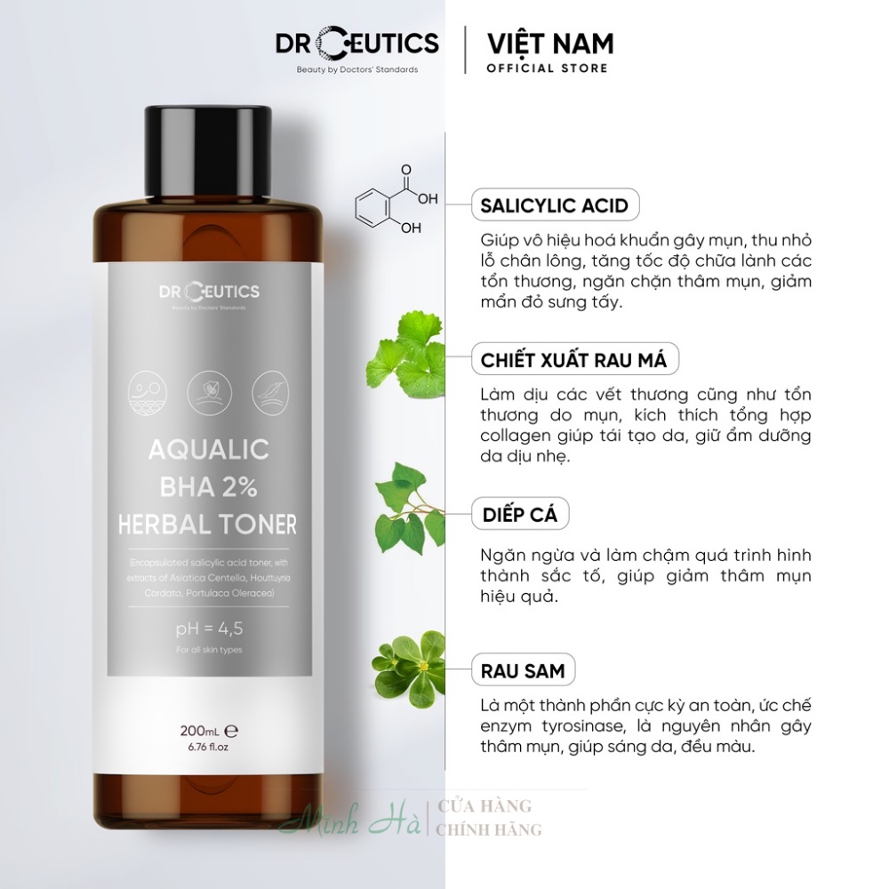 Toner DrCeutics Aqualic BHA 2% Herbal 200ml (nền nước) giúp làm sạch và cân bằng pH của da