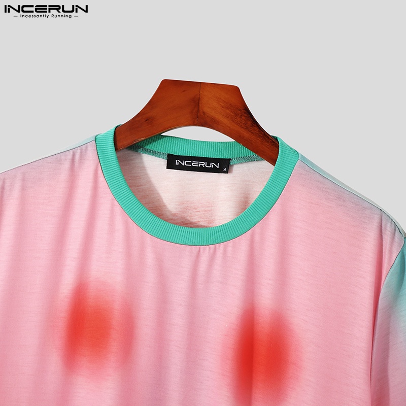 INCERUN Áo Thun Tay Ngắn Cổ Tròn In Màu Nhuộm Thời Trang Mùa Hè Cho Nam