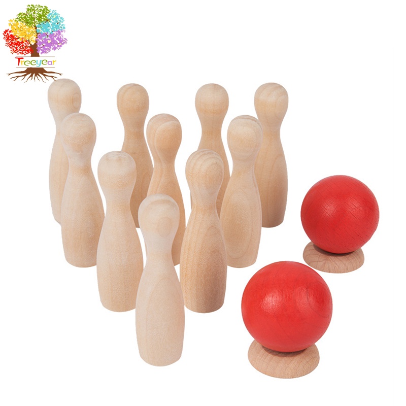Set 10 chai đồ chơi bowling Treeyear bằng gỗ với 2 quả bóng và 2 đế giữ vui nhộn sáng tạo độc đáo cho trẻ nhỏ