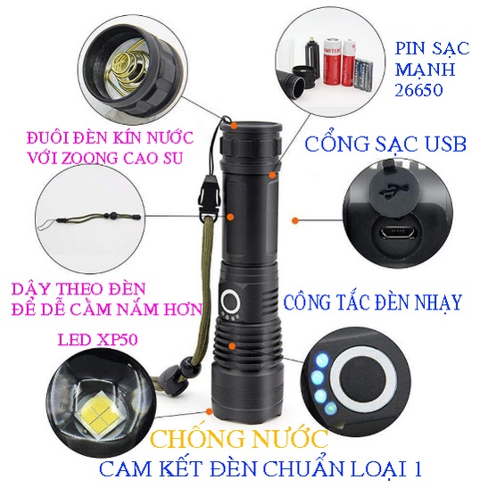 Đèn pin siêu sáng XHP50 chính hãng bản cao cấp tích điện dung lượng lớn, đèn pin mini bóng LED 3 chế độ sáng.