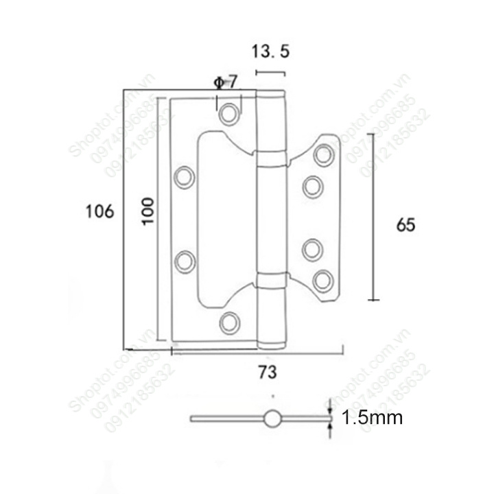 Bản lề lá âm Dương (cánh bướm) 4 inch bằng inox 304 dày 1.5mm dùng cho cửa gỗ, cửa nhựa, cửa nhôm