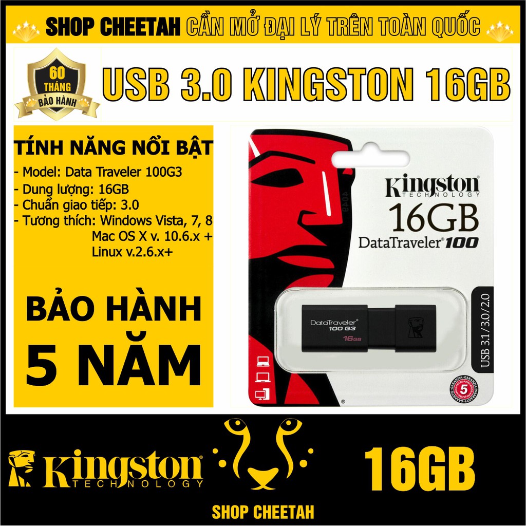 USB 3.0 Kingston 16GB DataTraveler 100G3 – CHÍNH HÃNG – Bảo hành 5 năm