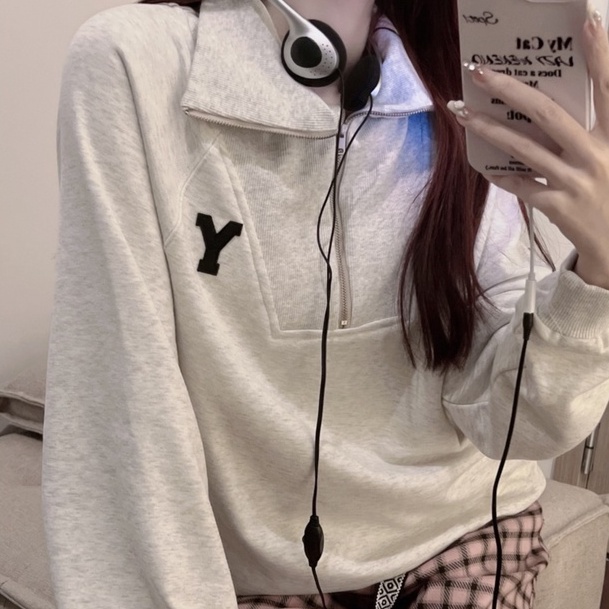 ZHELIHANGFEI Áo Thun POLO Tay Dài Có Dây Kéo Với Họa Tiết Thêu Theo Phong Cách Preppy Hợp Thời Trang