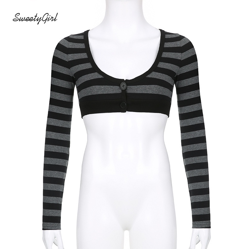 Áo Thun Tay Dài Cổ Chữ U Họa Tiết Kẻ Sọc Màu Tương Phản Thời Trang 2022 Cho Nữ