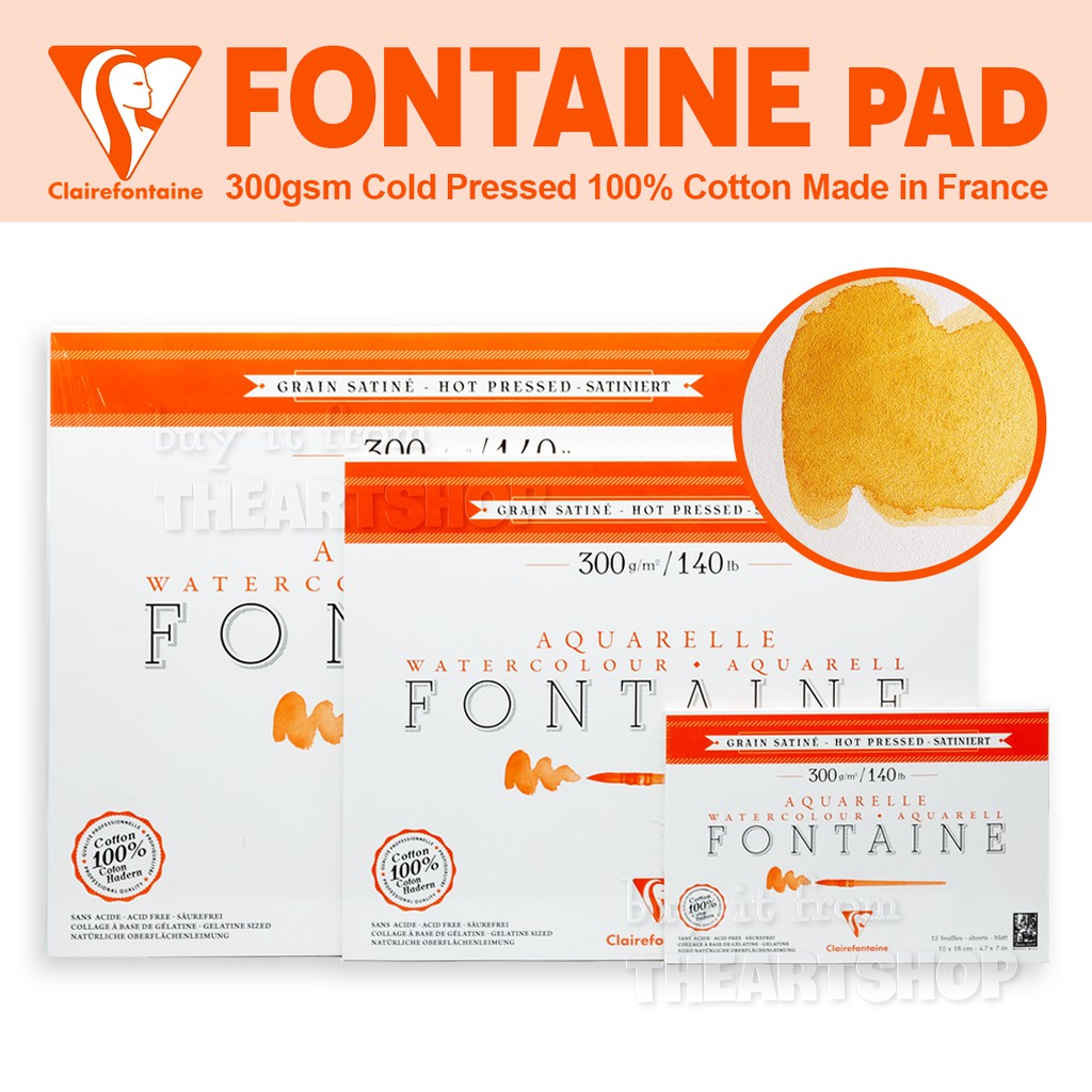 Sổ vẽ màu nước FONTAINE vân giấy Hot Pressed 300gsm 100% cotton - CLAIREFONTAINE Watercolor Pad-Hot Pressed 100% Cotton