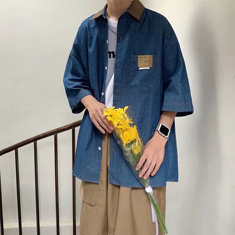 Áo sơ mi Denim tay ngắn dáng rộng phong cách Vintage thời trang cho nam | BigBuy360 - bigbuy360.vn