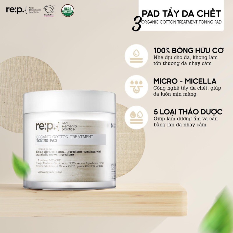 Toning Pad Dạng Miếng Phục Hồi Da Sau Mụn RE:P ORGANIC COTTON TRAETMENT TONING PAD 90pcs 130g