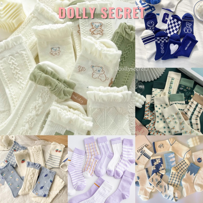 Set 5 đôi tất vớ cao cổ nữ phong cách Hàn Quốc, vớ nữ Vintage đáng yêu dễ thương DOLLY SECRET
