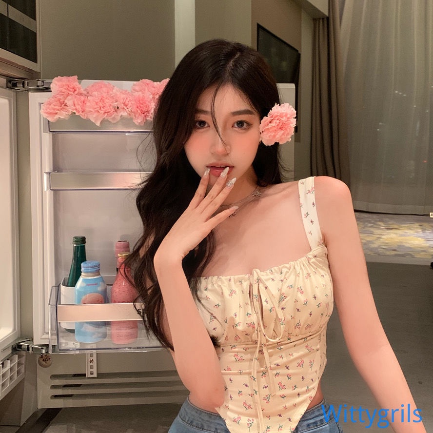 Áo Crop Top Hai Dây Cổ Khoét Sâu Hở Lưng In Họa Tiết Hoa Quyến Rũ Dành Cho Nữ
