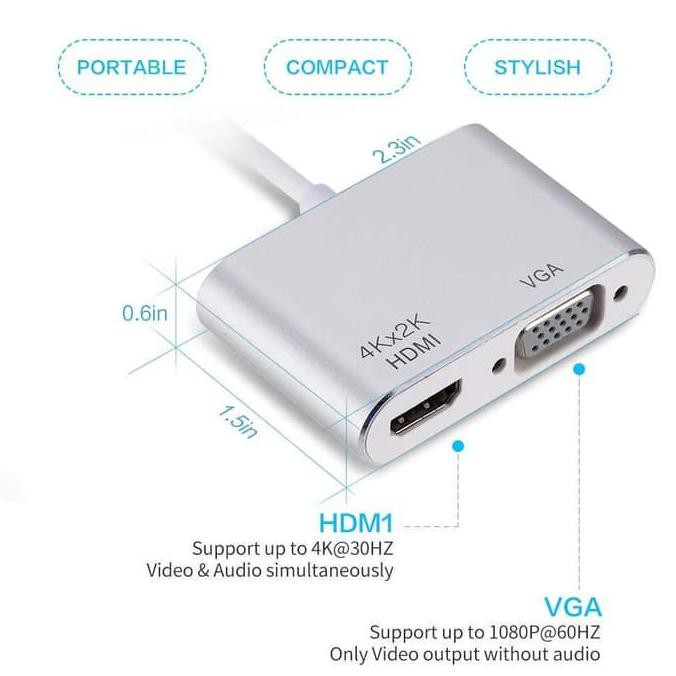 Bộ Chuyển Đổi Usb Type C Sang Hdmi & Vga 2 Trong 1 Xvf-958 Hỗ Trợ 4k Type C Sang Hdmi Vga