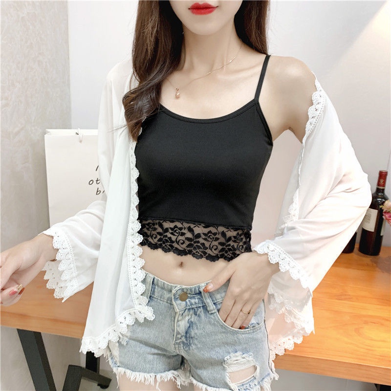 Áo Croptop Hai Dây Phối Ren Màu Trắng / Đen Thời Trang Quyến Rũ Cho Nữ