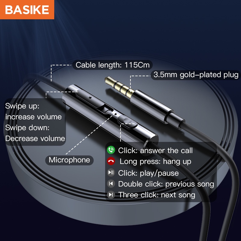 Tai nghe BASIKE MT36 Chất lượng âm thanh HiFi Có micrô Có điều khiển âm lượng Tai nghe bằng kim loại