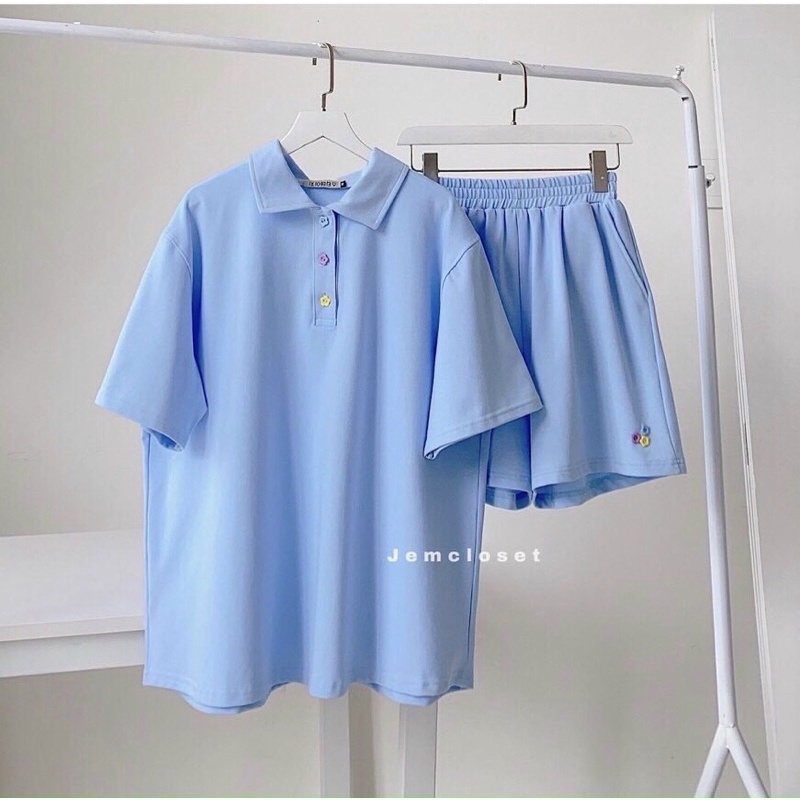 Bộ polo uzzang gồm áo polo kèm quần short tay lỡ chất cotton tăm dày dặn