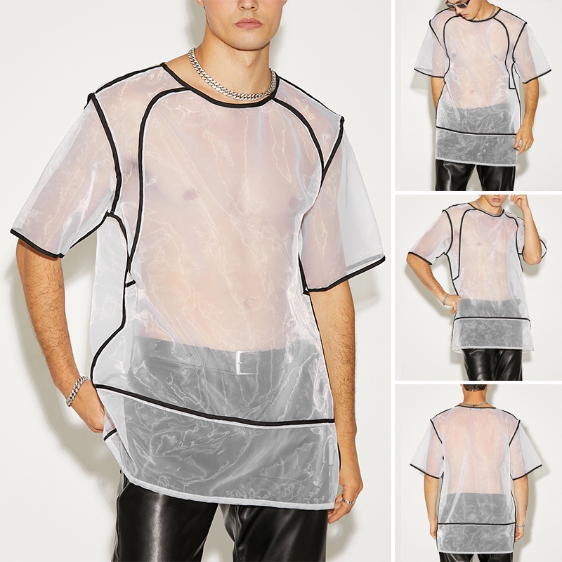 Áo Thun Ngắn Tay Dáng Rộng Phối Kiểu Xuyên Thấu Cá Tính Cho Nam
