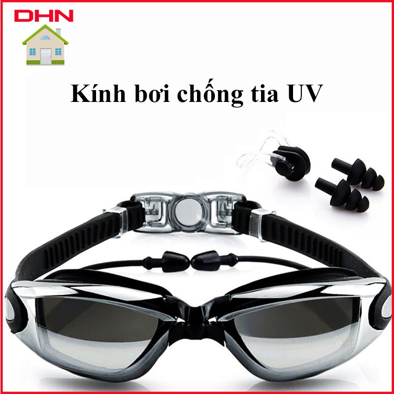 Kính bơi nam nữ chống đọng nước tia UV không tối Kiếng bơi lội tráng gương kèm nhét tai kẹp mũi và hộp đựng