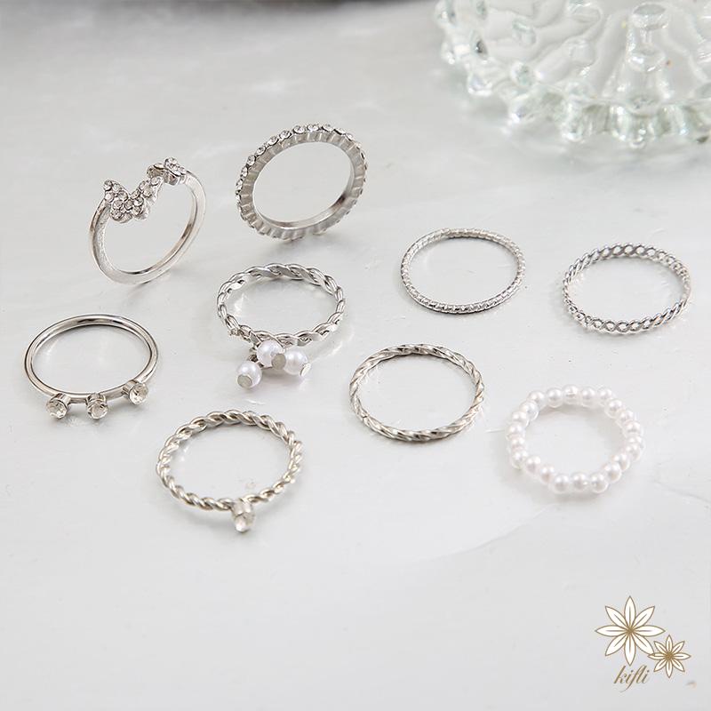 Set 9 nhẫn bạc ngọc trai pha lê thanh lịch Bộ nhẫn mỏng rỗng cho nữ phụ kiện trang sức