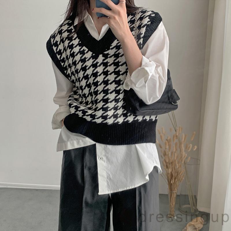 Áo Len Không Tay Dáng Rộng Cổ Chữ V In Họa Tiết Độc Đáo Cho Nữ