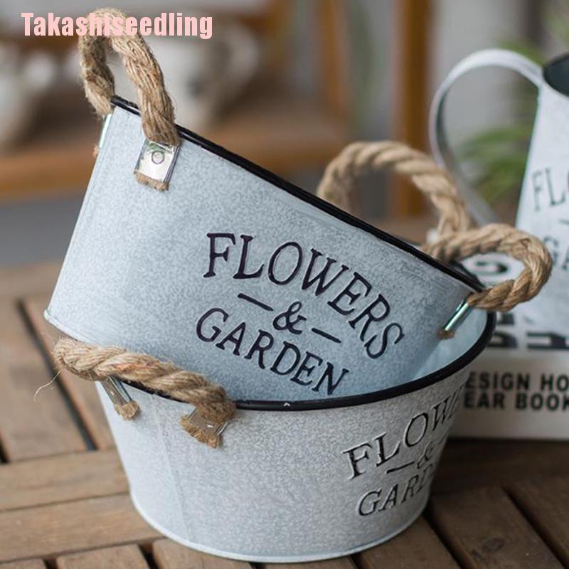 Chậu trồng cây bằng kim loại mạ kẽm có tay cầm phong cách vintage