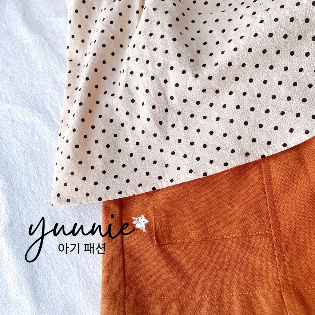 Bộ quần áo bé gái YUUNIE cánh tiên chấm bi, phối quần linen màu nâu tây có túi