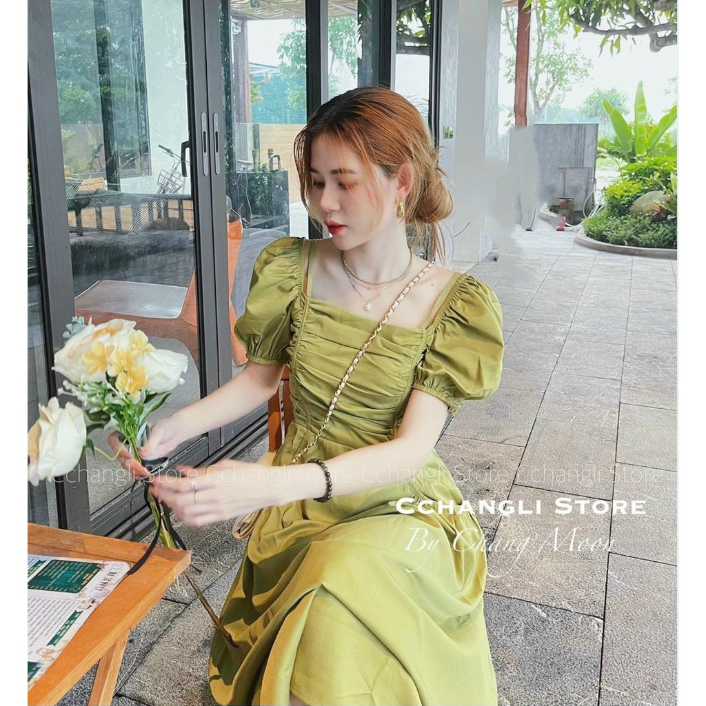 [8.8 Sales Freeship] Đầm tiểu thư ulzzang phong cách hàn quốc, đầm nhún ngực tay búp cổ vuông