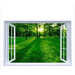 Decal trang trí khung cửa sổ 3D cảnh rừng xanh cùng nắng tuyệt đẹp