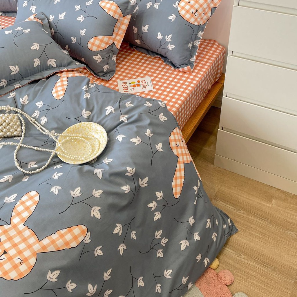 Bộ chăn ga gối cotton poly Lidaco decor phòng ngủ vintage - Thỏ Caro Hồng (SP001411)