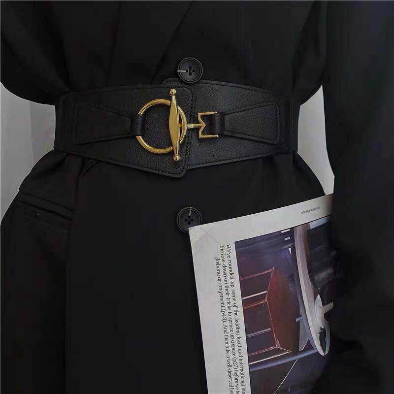 Đai váy bản to 5cm Simsimvintage ĐV020 phối da chun co giãn - Thắt lưng áo vest dạ bản to mặt vàng