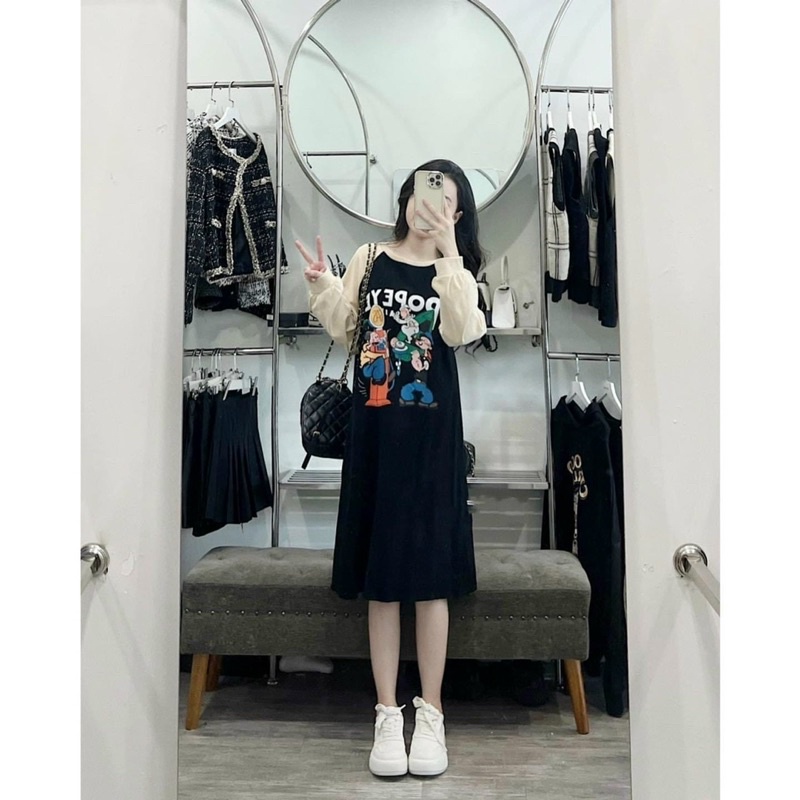 Đầm Suông Tay Dài Form Rộng Hoạ Tiết Dễ Thương Mặc Thu Đông