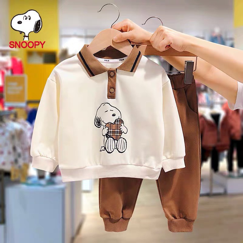 Set Quần Áo Dài Tay Chất cotton In Hình Snoopy Cho Bé Trai