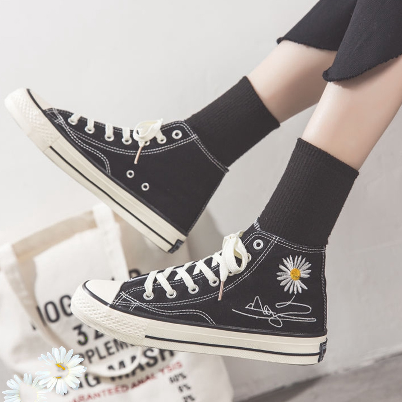 Giày Thể Thao Canvas Cổ Cao Họa Tiết Hoa Cúc Thời Trang Hàn Quốc Cho Nữ