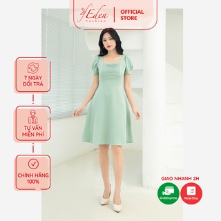 Đầm xòe nữ công sở thời trang Eden cổ vuông xếp li ngực tay phồng 2 lớp có túi chất liệu mát co giãn nhẹ - D452