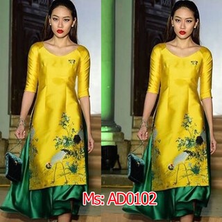 Có size xxl áo dài cách tân gấm họa tiết chim cò vàng