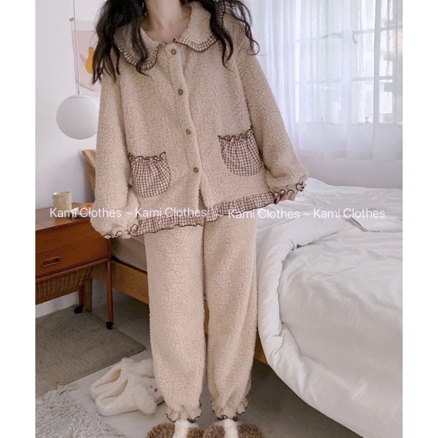 Set bộ lông cừu TÚI KẺ nữ Ullzang phong cách Hàn Quốc bộ ngủ mặc nhà. MET SHOP