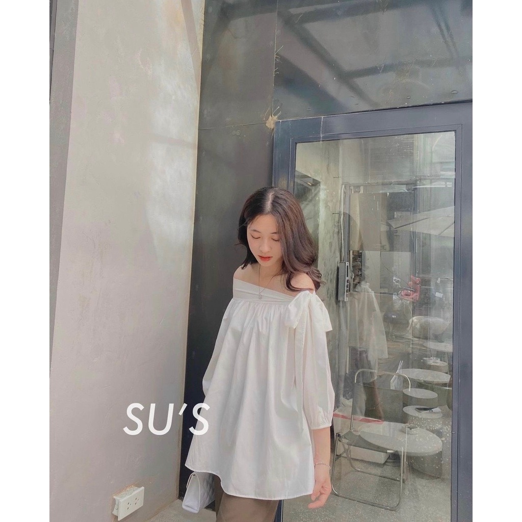 Áo sơ mi trơn trễ vai nơ ngang dáng xuông hàng Quảng Châu A1207N Nhung Nhớ [FreeShip]