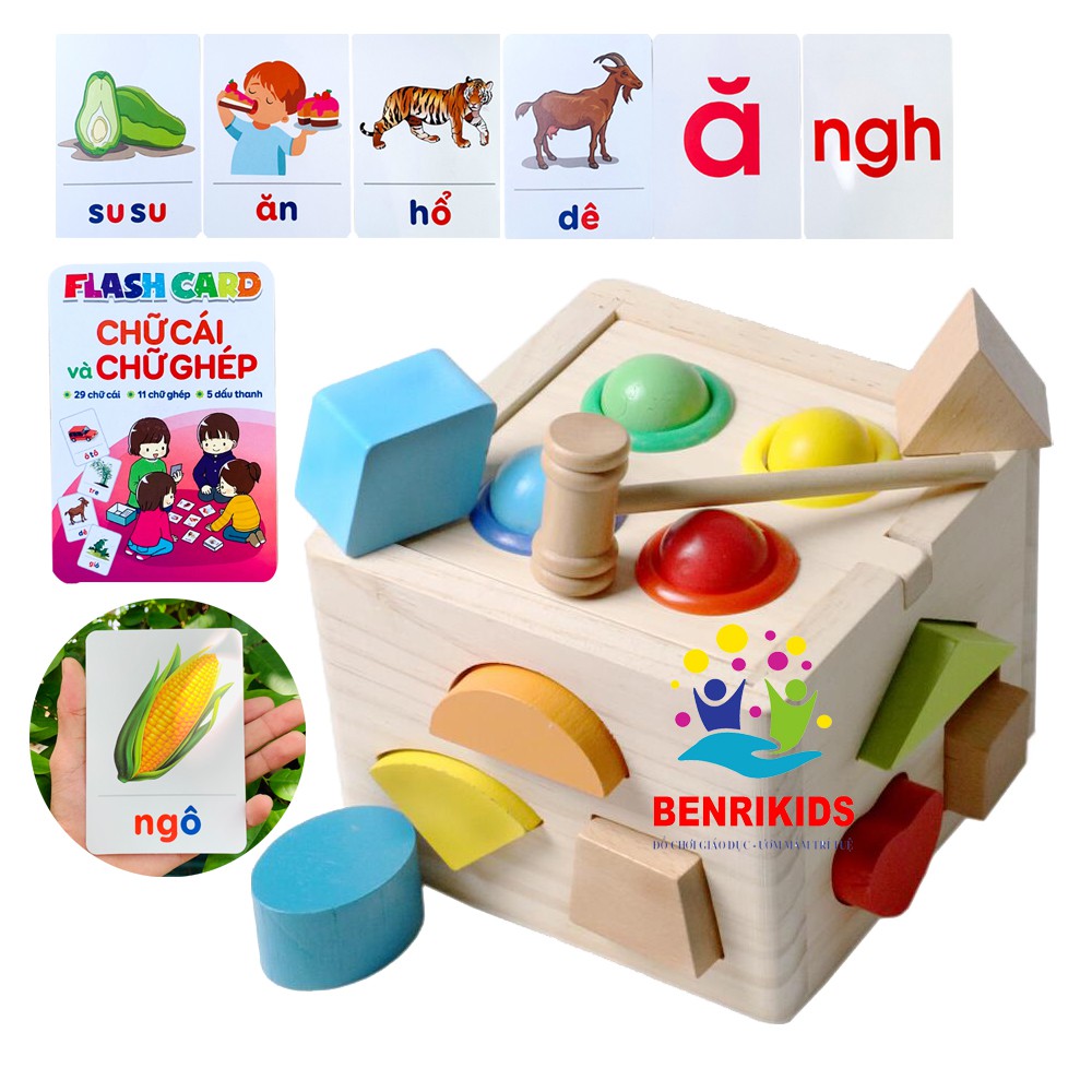 [Mã LIFETOYS1 giảm 30K đơn 99K] [Tặng Bộ 42 Thẻ Flashcard]Hộp Thả Hình Đập Bóng Bằng Gỗ Giúp Bé Học Hình Khối Màu Sắc