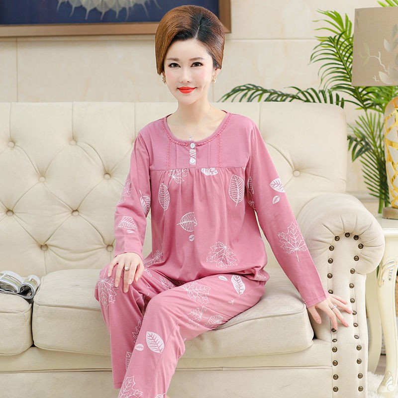pyjama cho mẹ bầu dài tay áo Bộ quần cotton ở nhà người lớn tuổi, nữ rộng rãi và sizeG