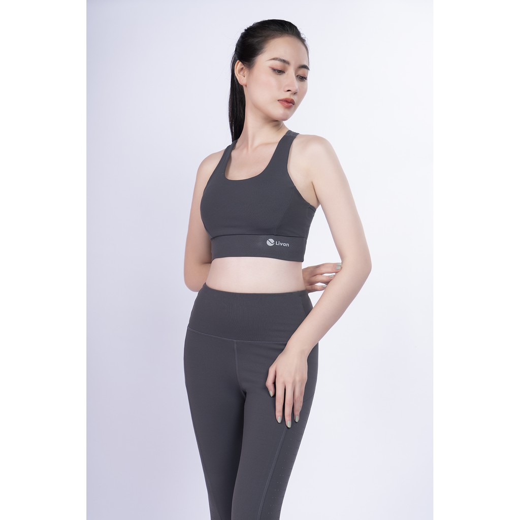 Set Đồ Tập Gym Yoga Áo Bra & Quần Lửng Livan Sport Airycoolmax Màu Ghi Thoáng Khí Tặng Kèm Mút Ngực Cao Cấp