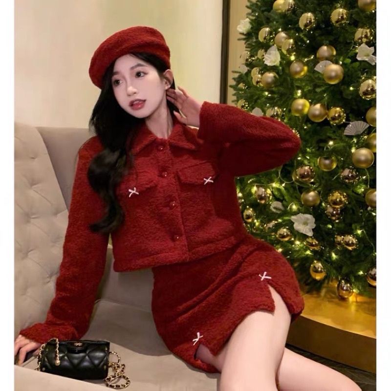 Set ao bông lông cừu mix chân váy chữ A xẻ tà 2 bên đính nơ