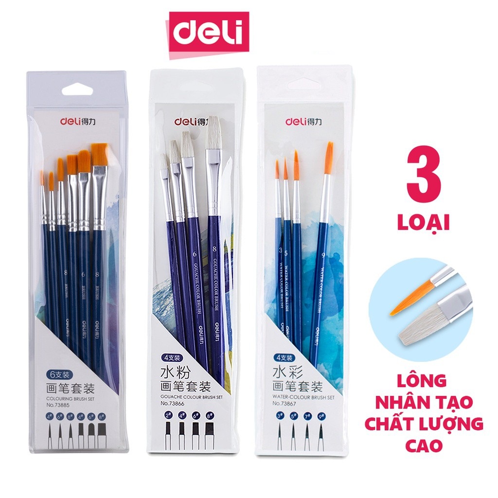 Bộ cọ vẽ chuyên nghiệp Deli - dùng cho màu nước/bột/sơn acrylic -Set 4/6 cây- 73885/73866/73867