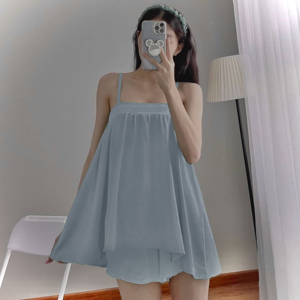 Đồ Ngủ Lụa Latin Hai Dây Dáng Dài, Bộ Ngủ Nhún ngực Bảng To, Quần Đùi Sexy Cao Cấp