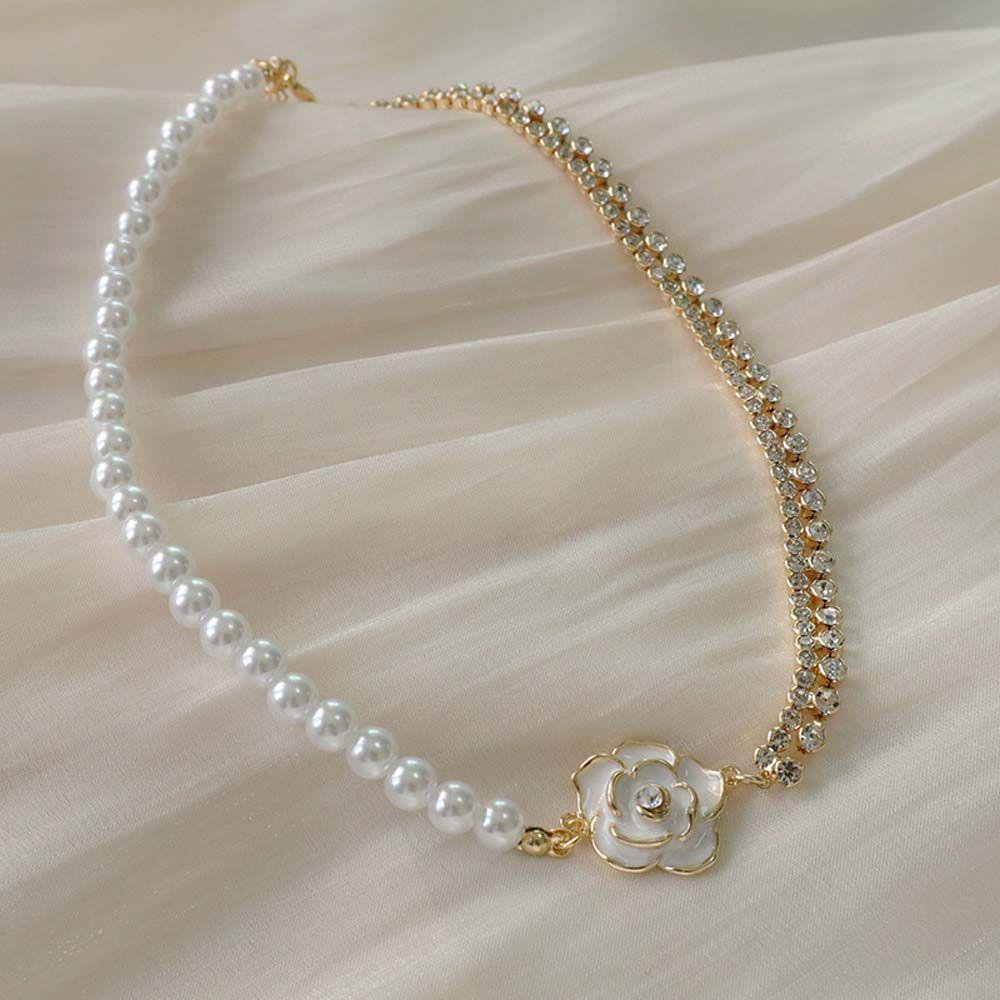 VANES1 Vòng cổ Mặt Hoa Đính Ngọc Trai Nhân Tạo Phong Cách Hàn Quốc